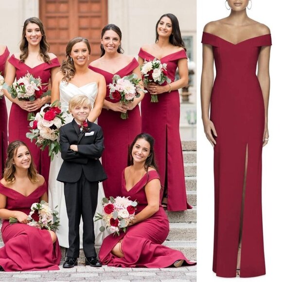 Dessy Collection Off the Shoulder Criss Cross Back Trumpet Gown Dress Red 3012 - Picture 1 of 12